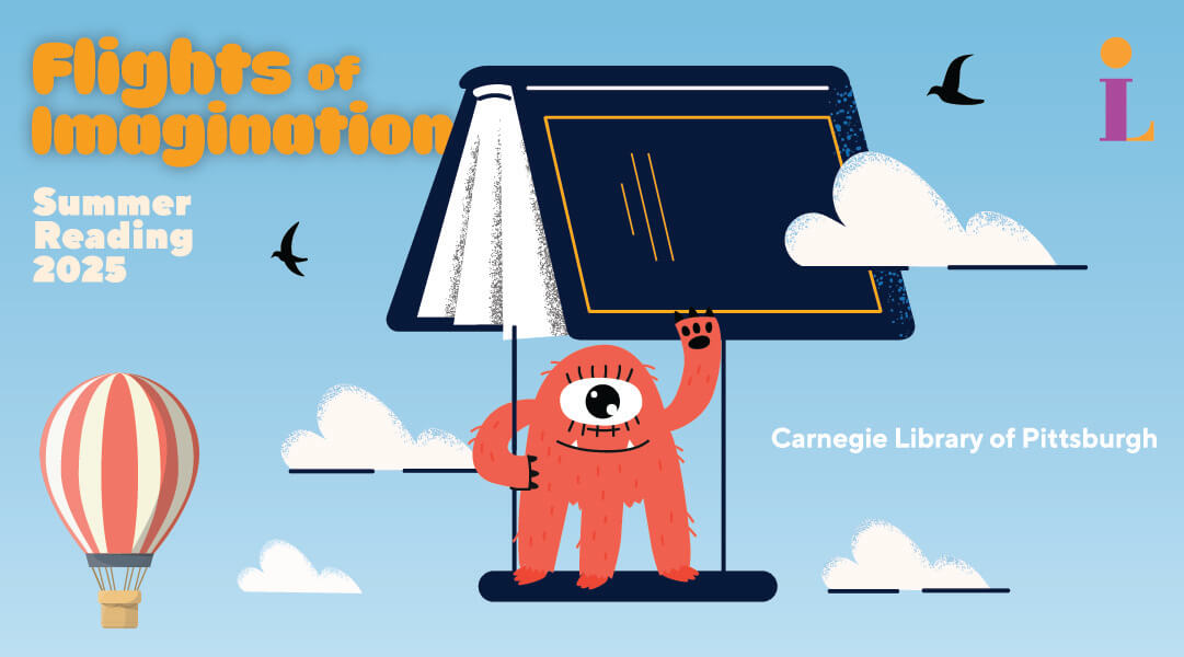 Flights of Imagination logo with a book flying, a cuddle monster and a hot air balloon. 